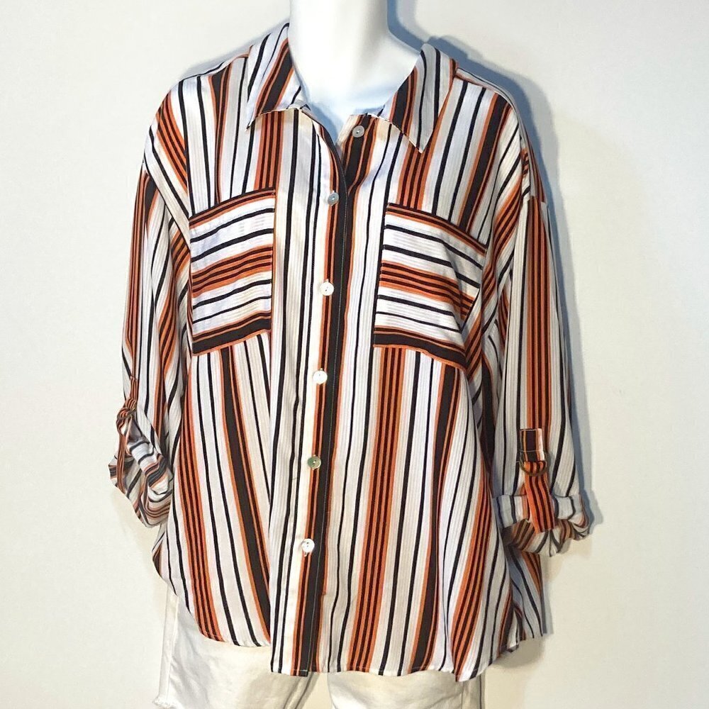 Ruby Rd. SZ 2X navy, coral & white stripe blouse long or roll tab sleeve comfy